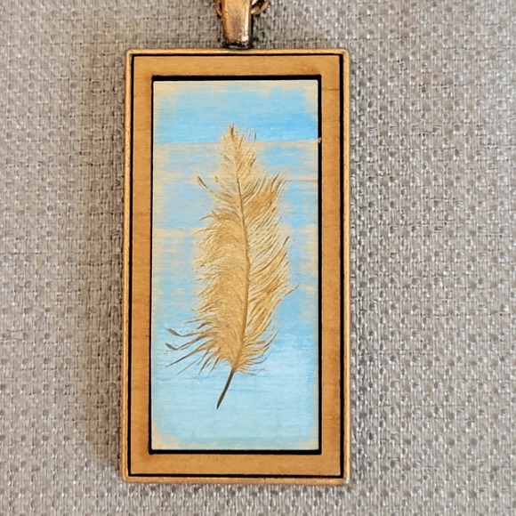 NWT Feather Copper Wood Pendant Necklace Statement Peace Handcrafted USA - Picture 1 of 12
